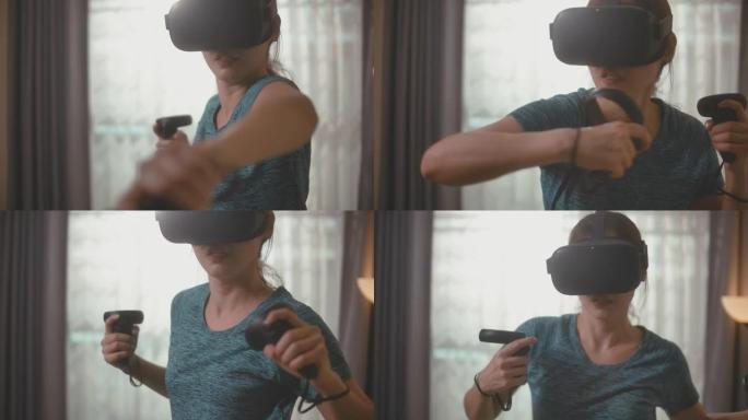 亚洲妇女戴着虚拟现实眼镜在客厅玩电子游戏