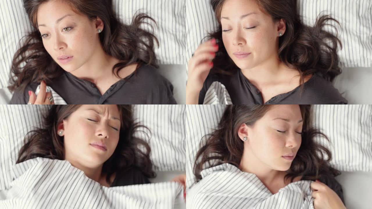 4k视频片段，一名年轻女子在床上醒来并感到不高兴
