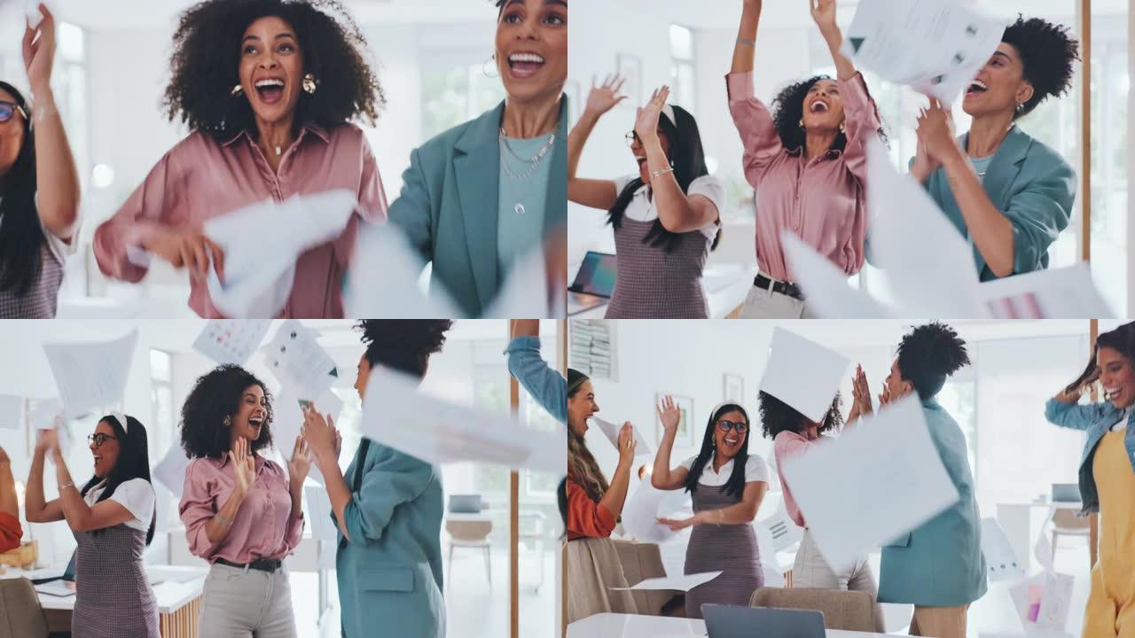 企业妇女团体，空中纸或庆祝掌声，微笑或成功的幸福。多样性，团队合作并在办公室为快乐女性团队提供文件，
