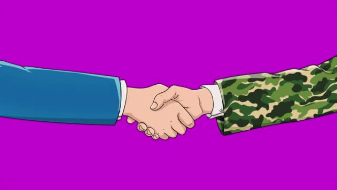在一个色度键背景前，商人和士兵之间的合作。握手的概念、商业协议、政治、会议、国际友谊关系、外交官握手