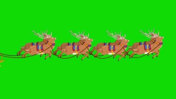 圣诞老人和驯鹿在绿屏上。新年快乐的概念，礼品盒，月亮，问候，动物雪橇，鹿，节日，贺卡，人物动画，童话