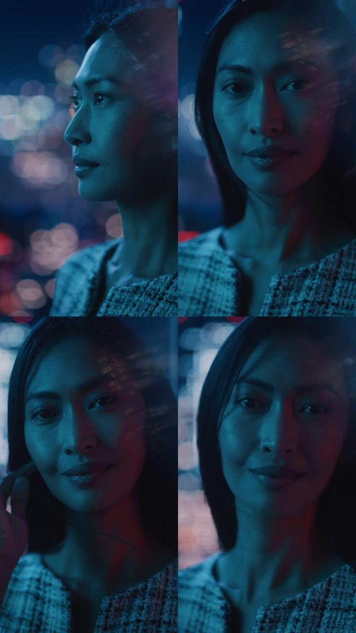傍晚，美丽的亚洲女性站在霓虹灯下的城市街道上的垂直肖像。地道的成年女性在镜头前摆姿势，在市中心商业街