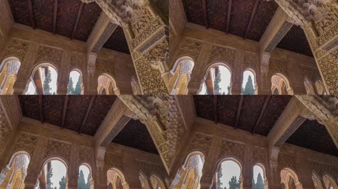 装饰房间和院子在阿尔罕布拉，格拉纳达。镜头在格拉纳达阿尔罕布拉的狮庭的墙壁和柱子之间移动。安达卢西亚