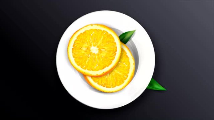 黑底白盘上的两片橘子。