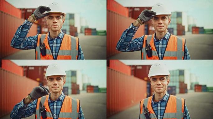 一个穿着白色安全帽、橙色高能见度背心、方格衬衫和工作手套的英俊高加索工业工程师的微笑肖像。工头或主管