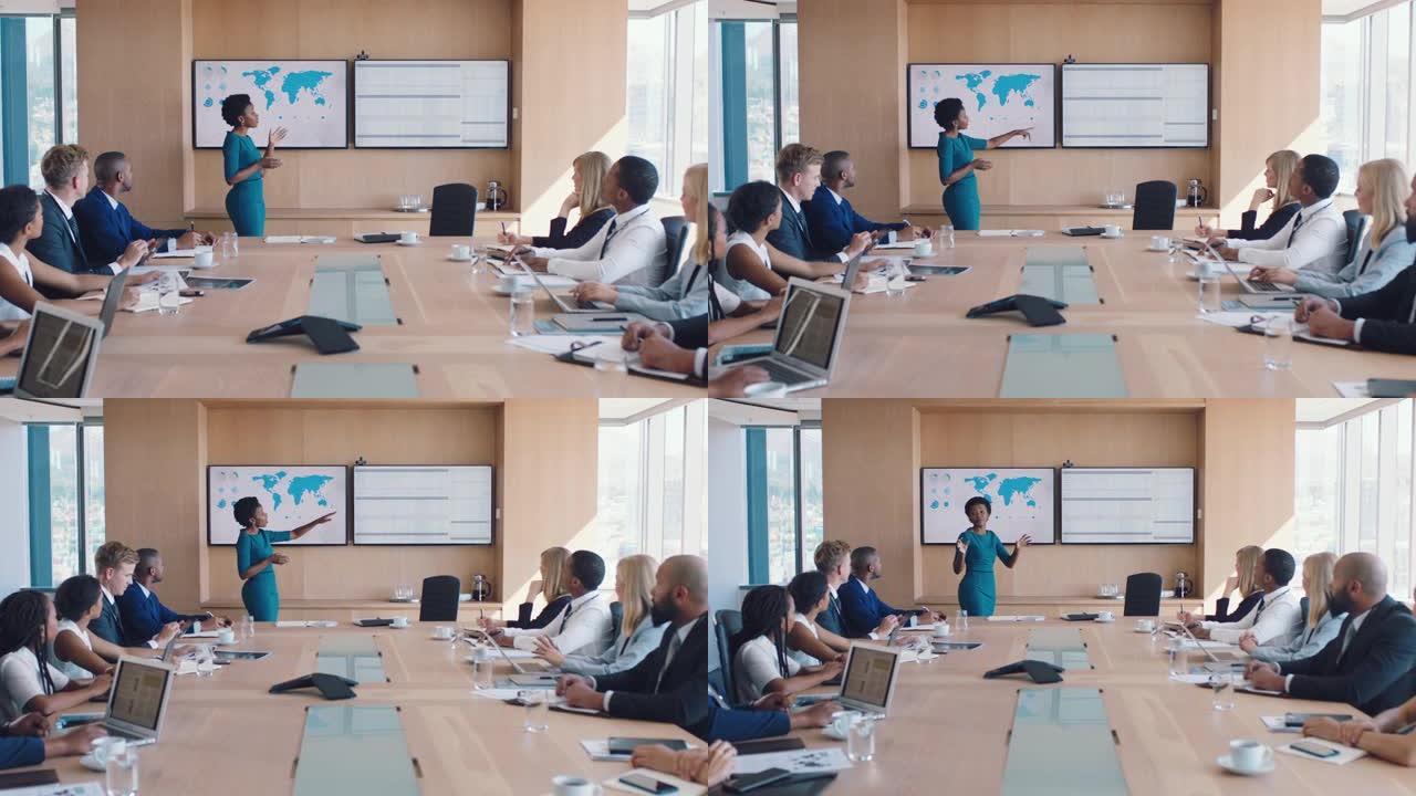 黑人女性，商业领袖和办公室会议室的演讲，用于会议协作，培训和数字营销报告计划。领导力，首席执行官非洲