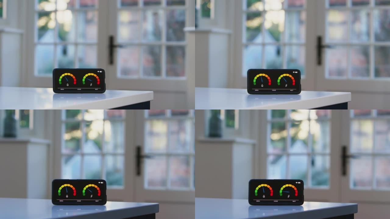 家用智能电能表测量厨房用电和用气的特写-慢动作拍摄