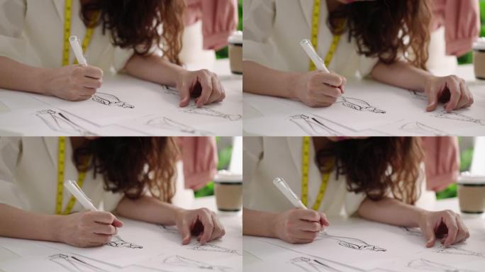 创意设计师在工作台上绘制图纸并在纸上勾勒出新的想法
