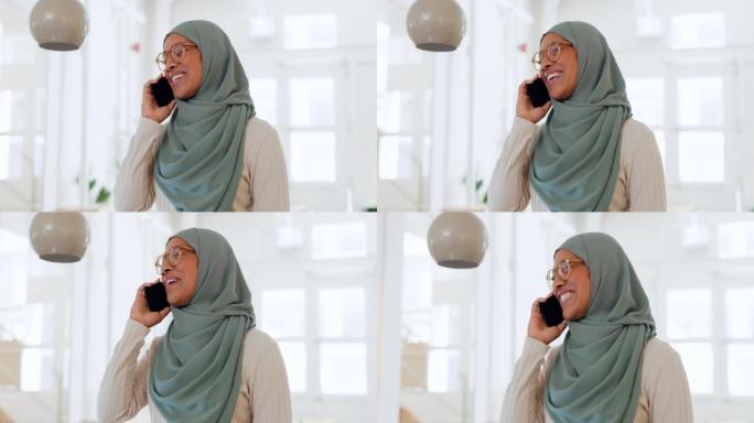 商务电话或沟通和穆斯林妇女在办公室的智能手机上交谈，与人们在技术和谈论创业或创造性的伊斯兰企业家微笑