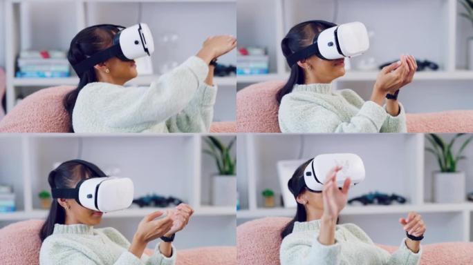 时髦的女人戴着VR耳机，用手触摸界面。拥有未来派虚拟现实护目镜的年轻女性，玩交互式3D模拟游戏并体验