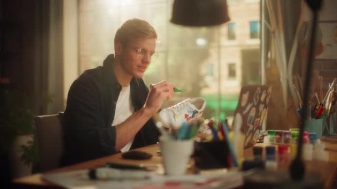 年轻的艺术家坐在工作室里，在鞋子上画画，使用笔记本电脑，从事设计师项目。灵感画家对他的作品感到满意。