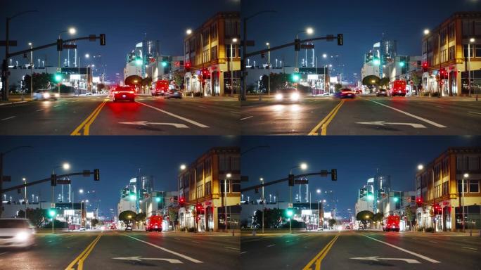 洛杉矶的夜生活。现代市中心。金融区。低角度。高速公路。路灯。