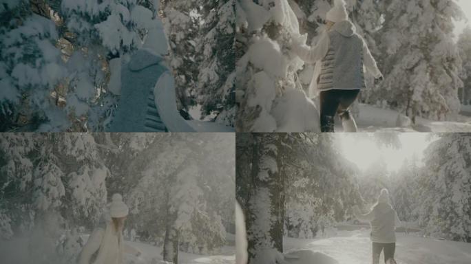 在白雪覆盖的森林中玩耍的女人
