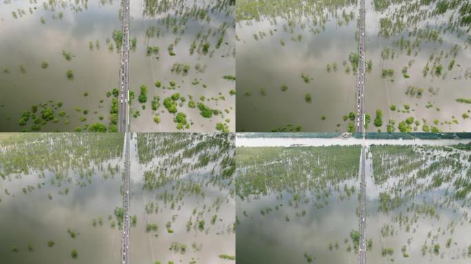 鸟瞰自然灾害洪水沿公路乡间道