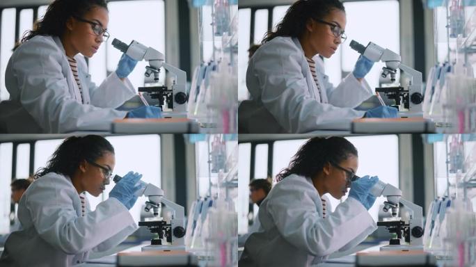 医学科学实验室: 美丽的黑人科学家在显微镜下观察，写下测试分析。年轻的生物技术专家，使用先进的设备。
