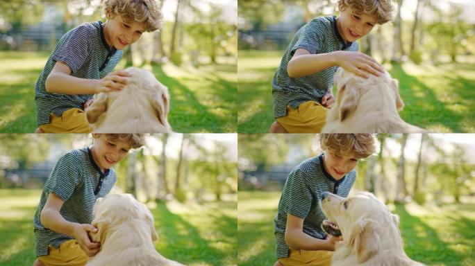 小男孩和他忠诚的金毛猎犬一起玩，抓挠他的头，爱抚，拥抱。阳光明媚的一天，在户外玩得开心