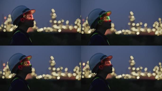 未来主义女工程师晚上在工地戴虚拟现实眼镜