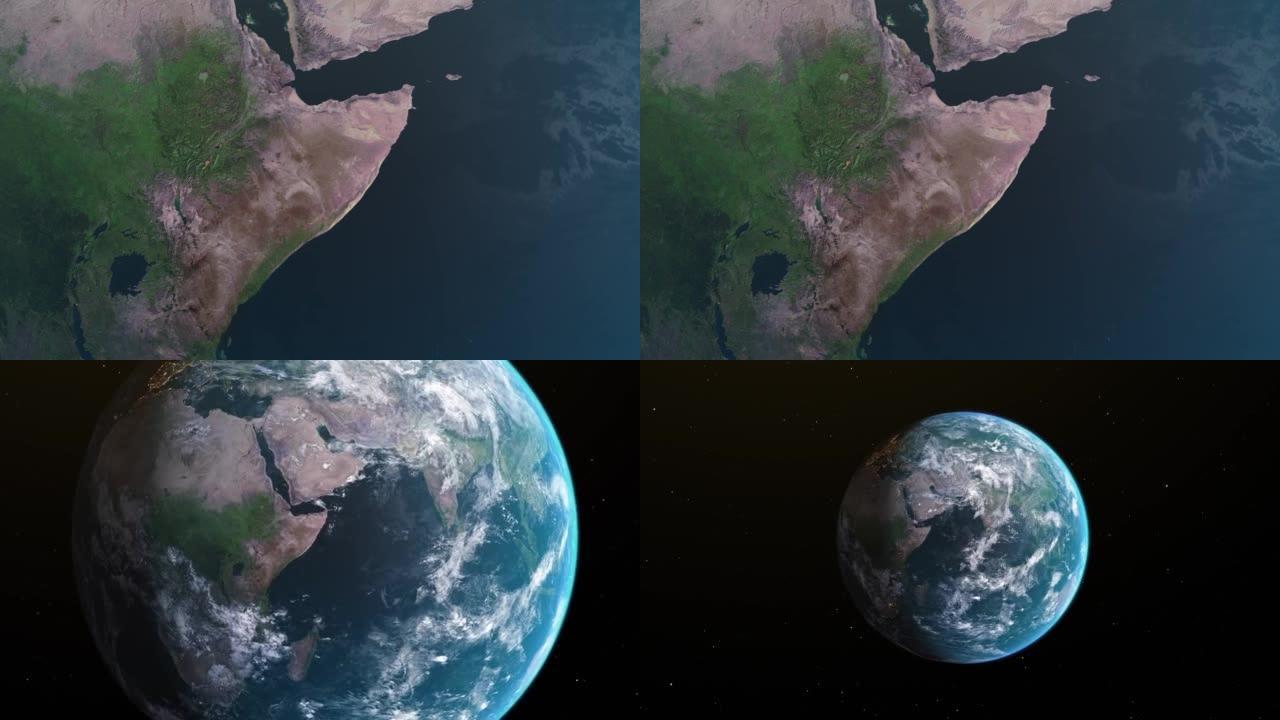 索马里地图，通过一个4K照片真实动画地球仪放大到太空，包括非洲，西亚和欧洲的全景。史诗旋转世界动画，