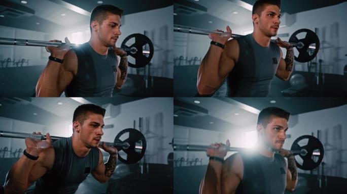 男性健美运动员在健身房做杠铃深蹲