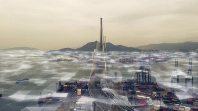 航运港、挪威港口或供应链行业基础设施上的城市桥梁、未来叠加或3d物流安全。繁忙工业位置的无人机视图、