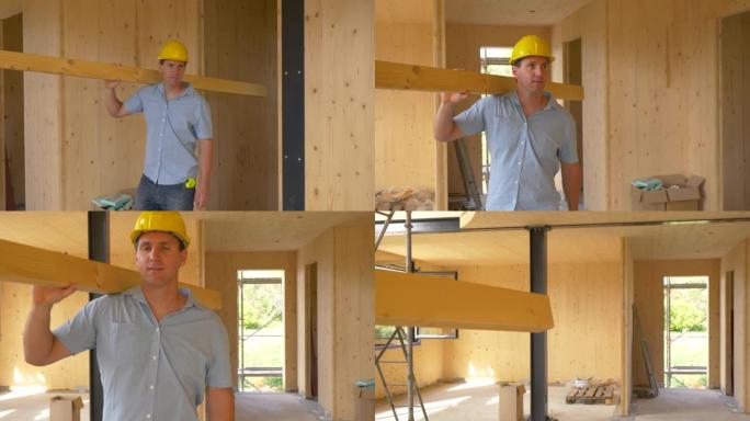 特写: 快乐的木匠背着一块长木板环顾CLT房屋。