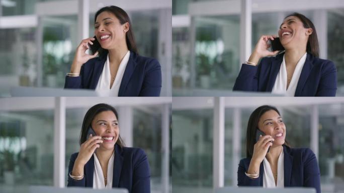 女商人，休息时在办公室工作时微笑和打电话进行交流，社交和大笑。公司员工在5g智能手机上交谈，愉快或有
