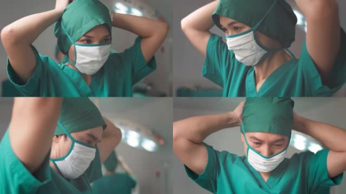 外科医生在手术室准备手术，医生戴着口罩并戴上无菌橡胶手套
