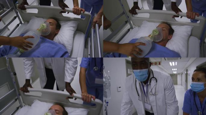 医院走廊口罩上戴着氧气面罩的病人的多元化医生群体