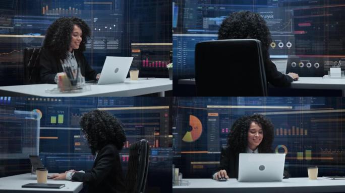 具有动画虚拟背景的办公室经理: 女商人坐在笔记本电脑上的办公桌前。从事大数据金融分析的黑人女性。36