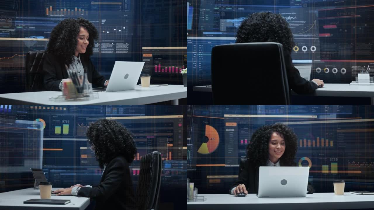 具有动画虚拟背景的办公室经理: 女商人坐在笔记本电脑上的办公桌前。从事大数据金融分析的黑人女性。36