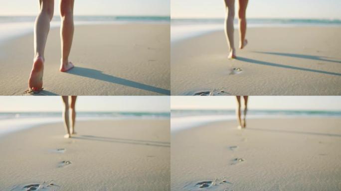 脚，散步和在海滩上放松，健康和平静，度假，海边和休息。在海岸线上散步，在沙滩上散步，在沙滩上或周末旅