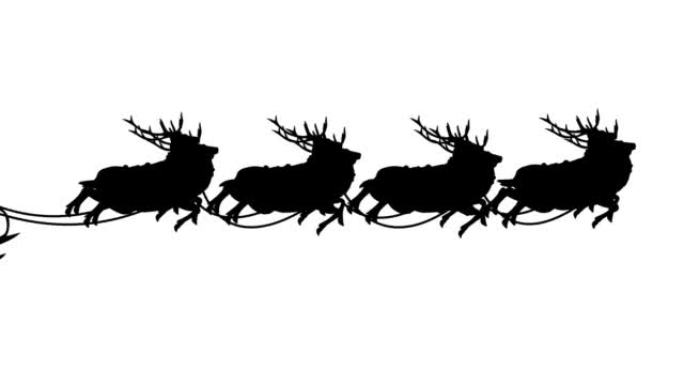 圣诞老人和驯鹿剪影。新年快乐的概念，礼品盒，月亮，问候，动物雪橇，鹿，节日，贺卡，人物动画，童话，插