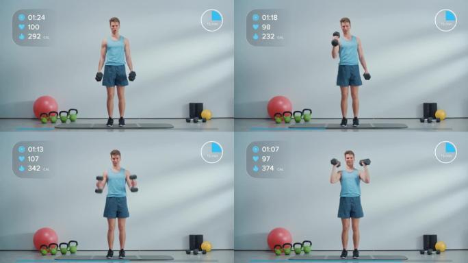 年轻的运动私人教练在线健身课程视频，解释用哑铃加强锻炼程序。为初学者展示如何燃烧脂肪的健康人。UI交