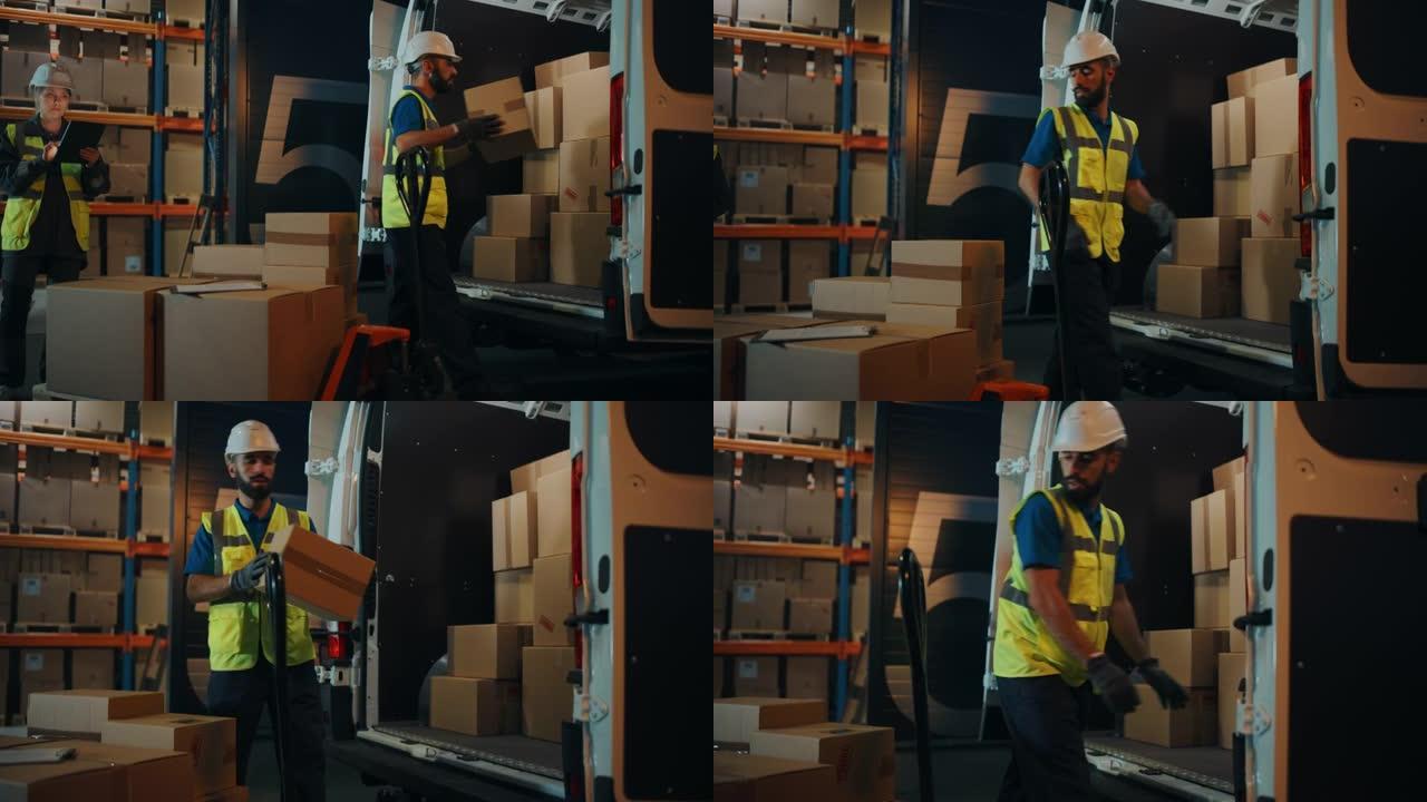 物流配送仓库之外: 女经理使用平板电脑，与用箱子装载送货卡车的工人交谈。在线订单、采购、电子商务商品
