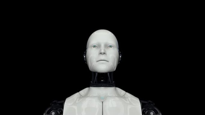 黑色背景上的主动人形机器人。人工智能。摄像机接近机器人。4K. 3D动画。
