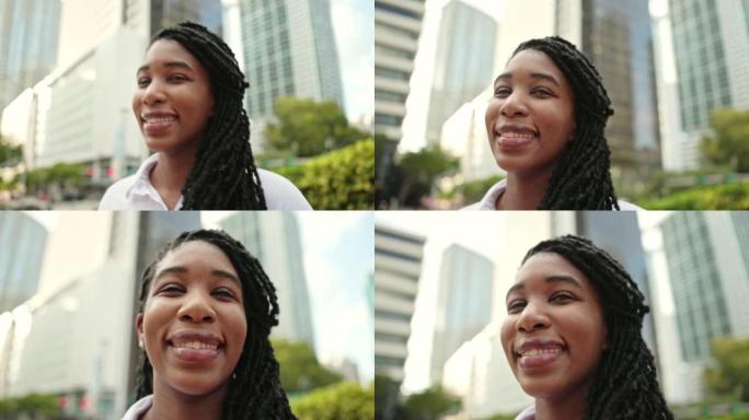 迈阿密微笑的黑人女商人的坦率肖像