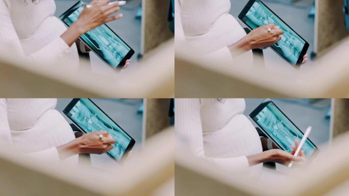 工程，平板电脑和设计会议与孕妇的手演示3d模型或电子开发应用程序。经理，cad软件和用笔进行图形设计