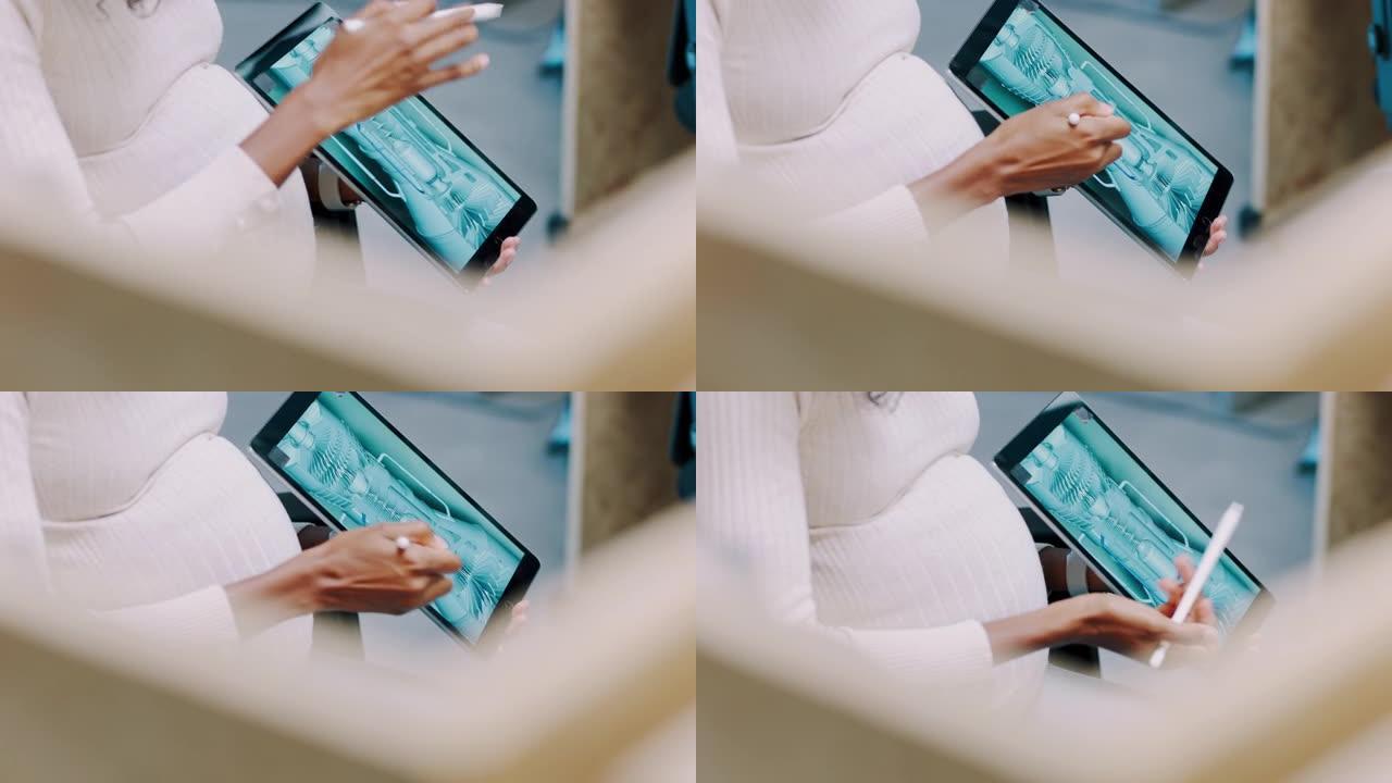 工程，平板电脑和设计会议与孕妇的手演示3d模型或电子开发应用程序。经理，cad软件和用笔进行图形设计