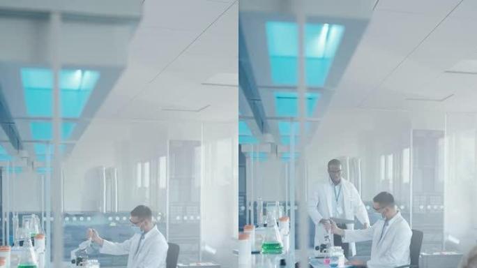 垂直视频: 现代医学研究实验室: 科学家戴着口罩与移液器一起工作，分析微生物样品。先进的药物科学实验