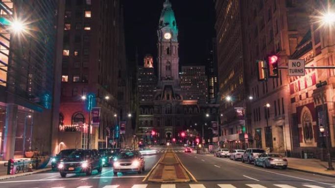 美国费城市政厅夜间红绿灯的延时