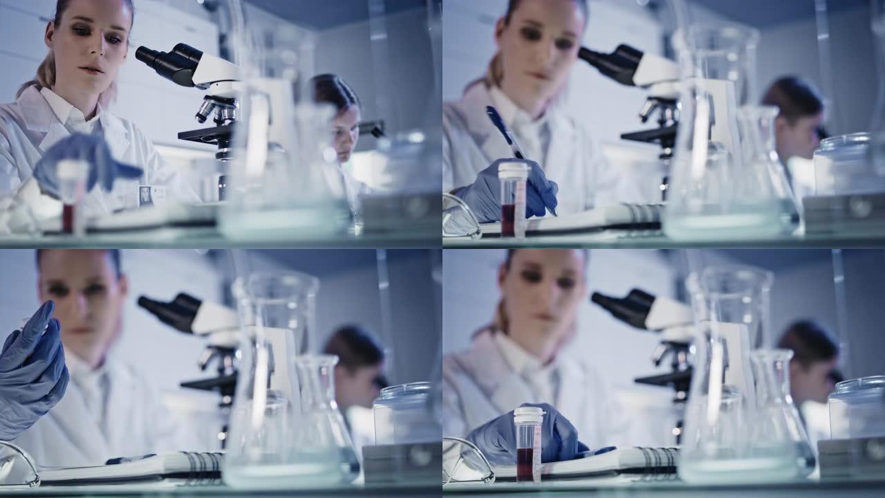 处理实验室样本。使用显微镜的女人。浏览玻璃器皿