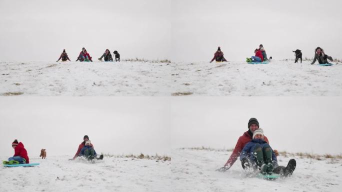 家庭一起雪橇滑冰雪运动冬天体育下雪冰天雪