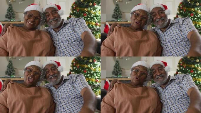 快乐的非洲裔美国高级夫妇在圣诞节时进行视频通话的动画