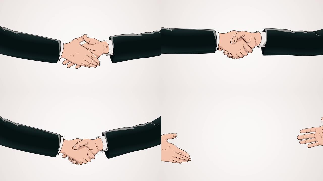两个商人在白底前合作。握手的概念、商业协议、政治、会议、国际友谊关系、外交官握手、和平贸易政策