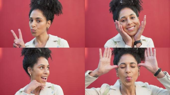 快乐，迷幻和疯狂，一个有自拍或社交媒体图片的有趣面部表情的女人。生活方式，幸福和创意漫画救济，对生活