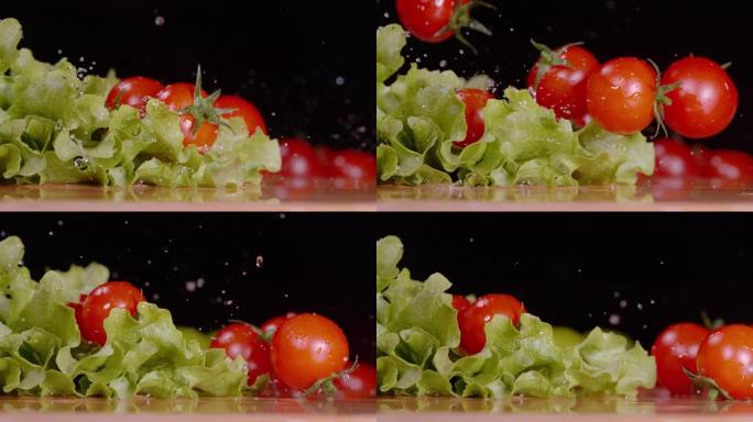 宏观: 湿番茄在台面上掉落和滚动的电影拍摄。