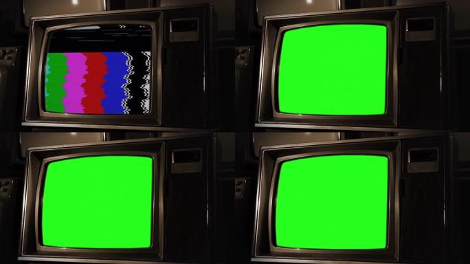 老棕褐色电视打开绿色屏幕。4k分辨率。