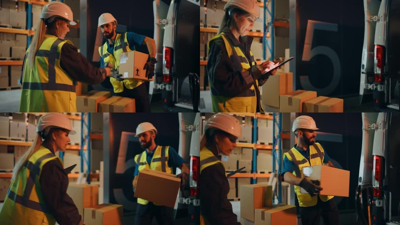物流零售仓库外: 经理使用平板电脑和扫描仪，与用纸板箱装载送货卡车的工人交谈，在线订单，药品供应，电