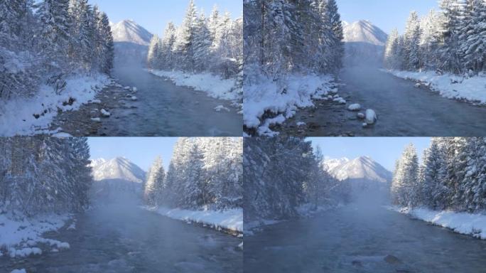 空中: 朦胧的萨瓦河在寒冷的冬天早晨流过雪谷