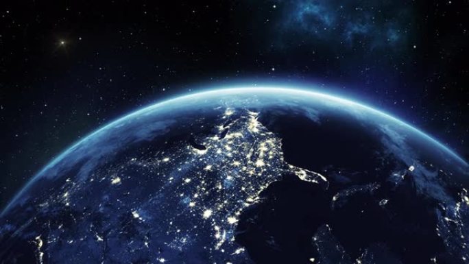 从太空看北美。行星地球城市在晚上点亮。从轨道卫星上可以看到美丽的地球。世界技术和商业概念。